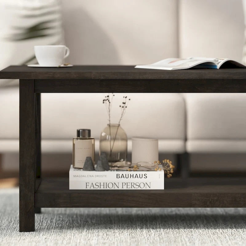 Table basse X-Frame avec étagère, Acacia Gris/Gris Foncé/Noyer, Bois massif