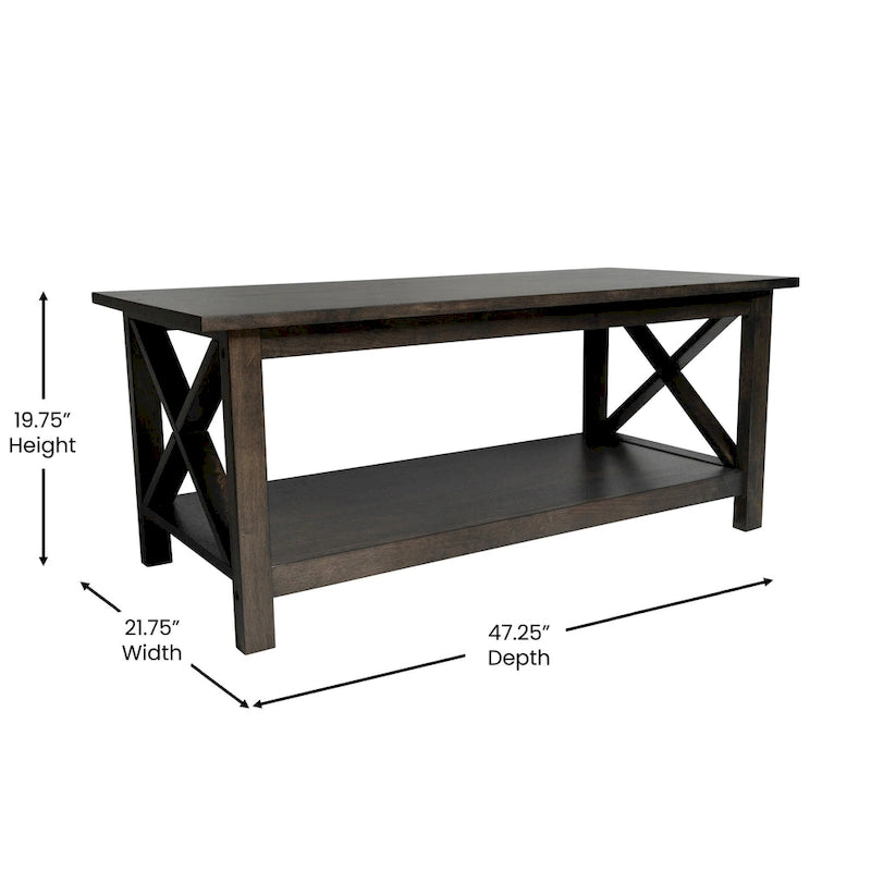 Table basse X-Frame avec étagère, Acacia Gris/Gris Foncé/Noyer, Bois massif