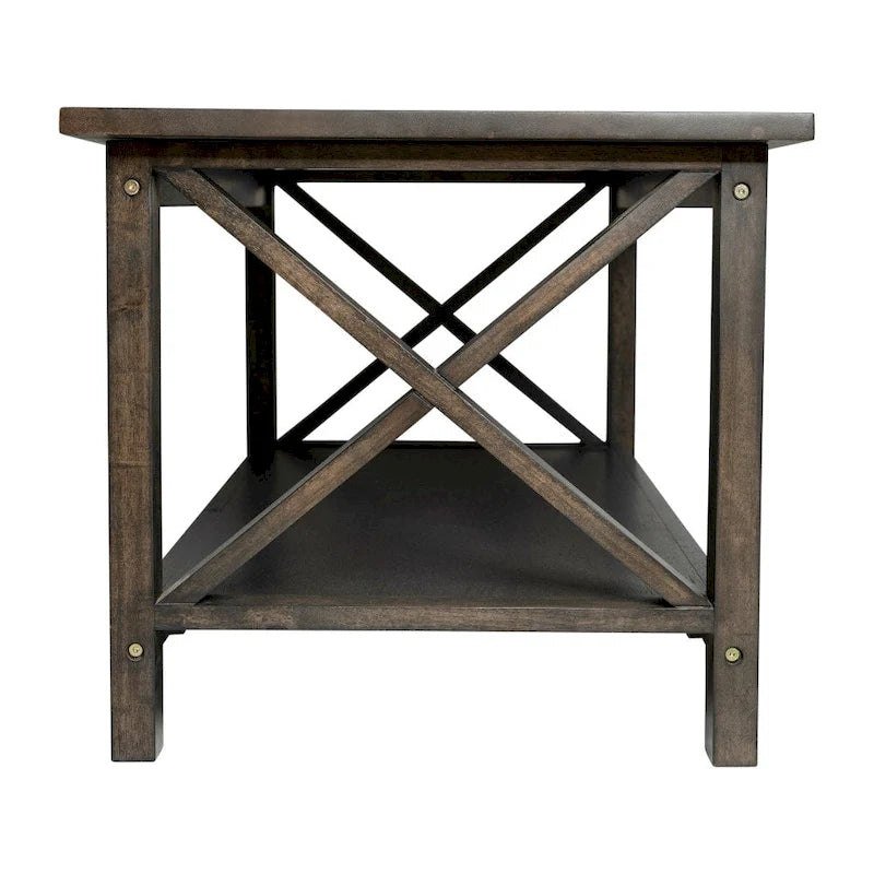 Table basse X-Frame avec étagère, Acacia Gris/Gris Foncé/Noyer, Bois massif