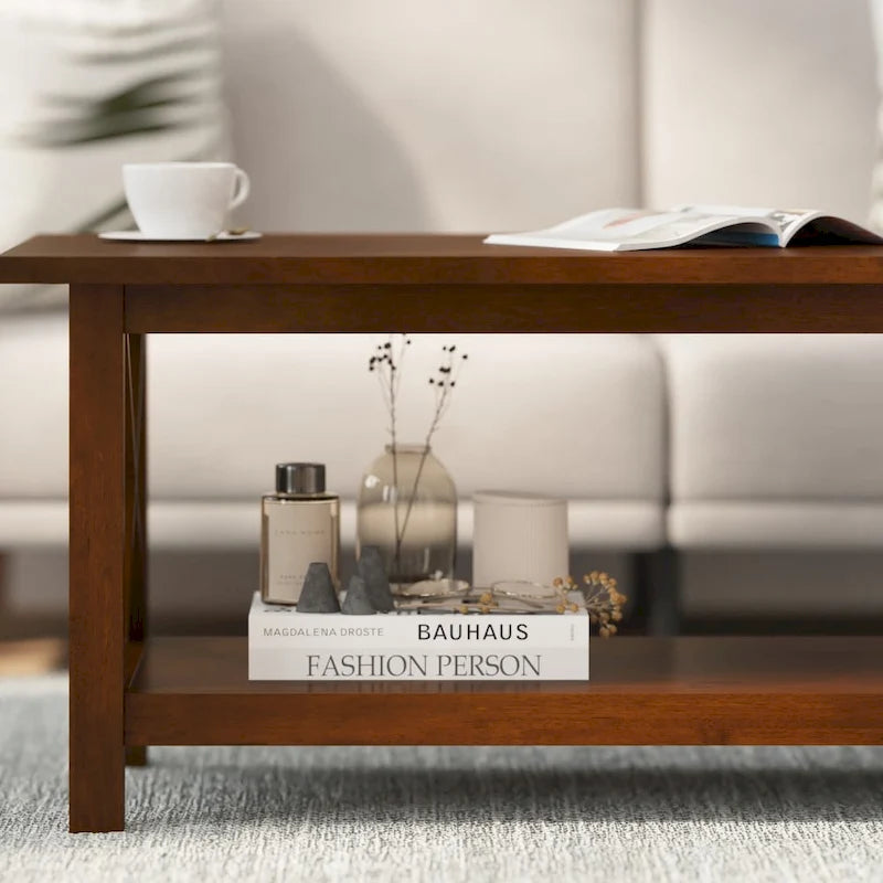 Table basse X-Frame avec étagère, Acacia Gris/Gris Foncé/Noyer, Bois massif