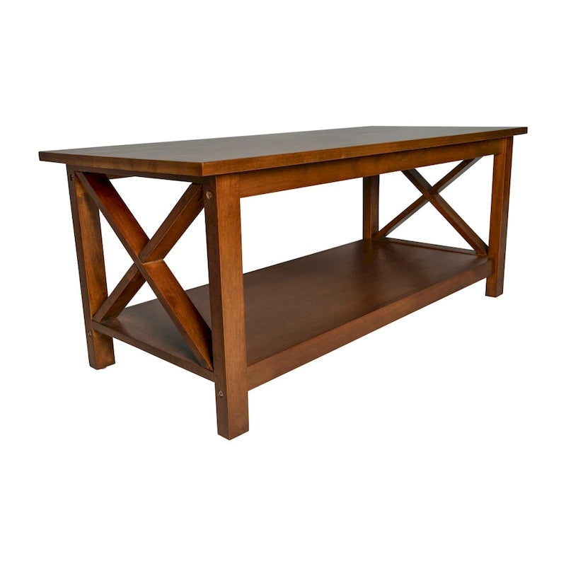 Table basse X-Frame avec étagère, Acacia Gris/Gris Foncé/Noyer, Bois massif
