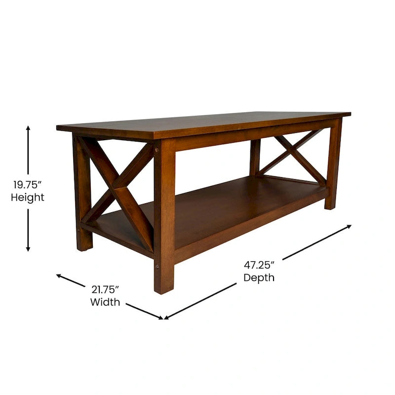 Table basse X-Frame avec étagère, Acacia Gris/Gris Foncé/Noyer, Bois massif