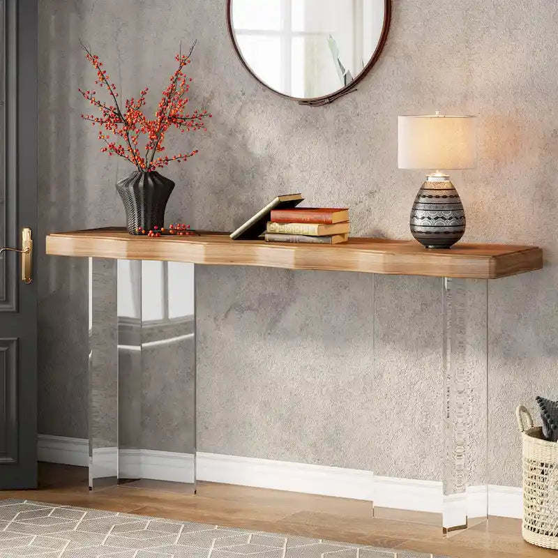 Console Table Basse, Texture Ondulée, Pieds en Acrylique, 120 cm (L) x 81 cm (H), Noyer Clair/Marron Foncé