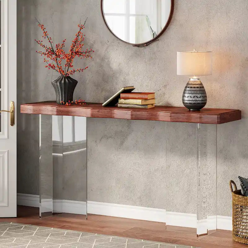 Console Table Basse, Texture Ondulée, Pieds en Acrylique, 120 cm (L) x 81 cm (H), Noyer Clair/Marron Foncé