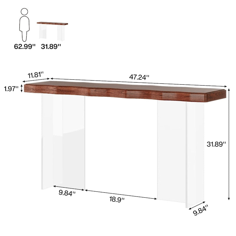 Console Table Basse, Texture Ondulée, Pieds en Acrylique, 120 cm (L) x 81 cm (H), Noyer Clair/Marron Foncé