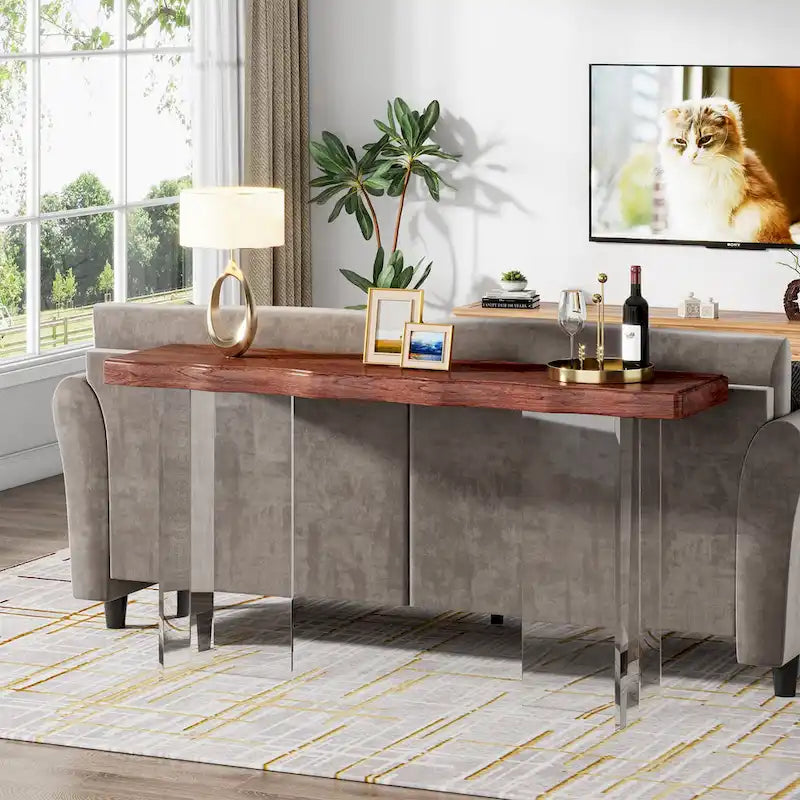 Console Table Basse, Texture Ondulée, Pieds en Acrylique, 120 cm (L) x 81 cm (H), Noyer Clair/Marron Foncé