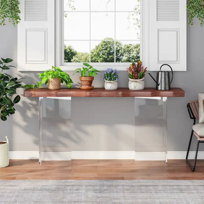 Console Table Basse, Texture Ondulée, Pieds en Acrylique, 120 cm (L) x 81 cm (H), Noyer Clair/Marron Foncé
