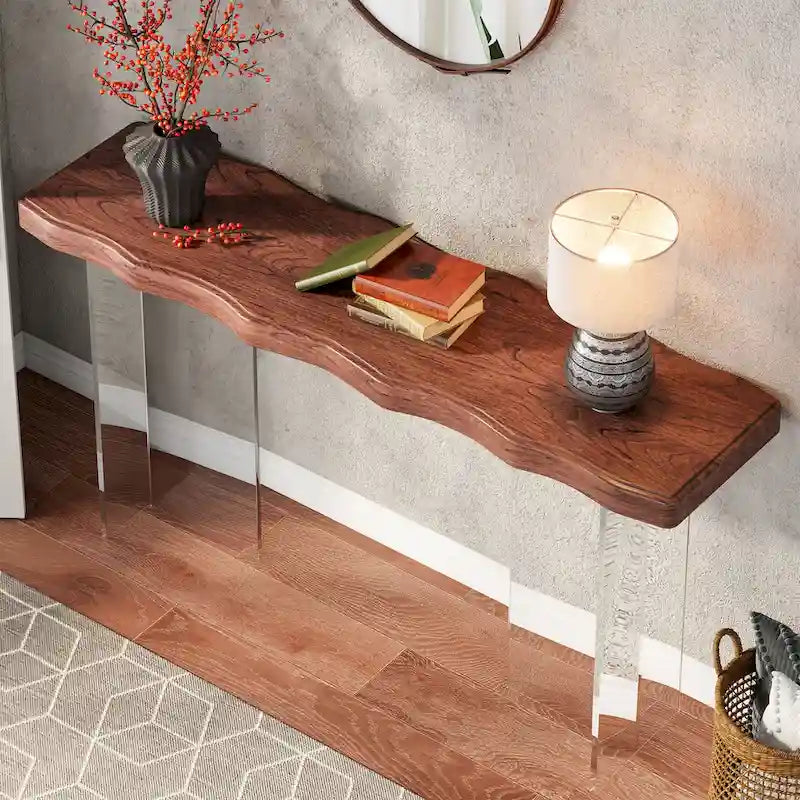 Console Table Basse, Texture Ondulée, Pieds en Acrylique, 120 cm (L) x 81 cm (H), Noyer Clair/Marron Foncé