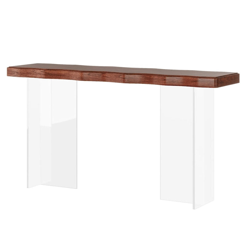Console Table Basse, Texture Ondulée, Pieds en Acrylique, 120 cm (L) x 81 cm (H), Noyer Clair/Marron Foncé
