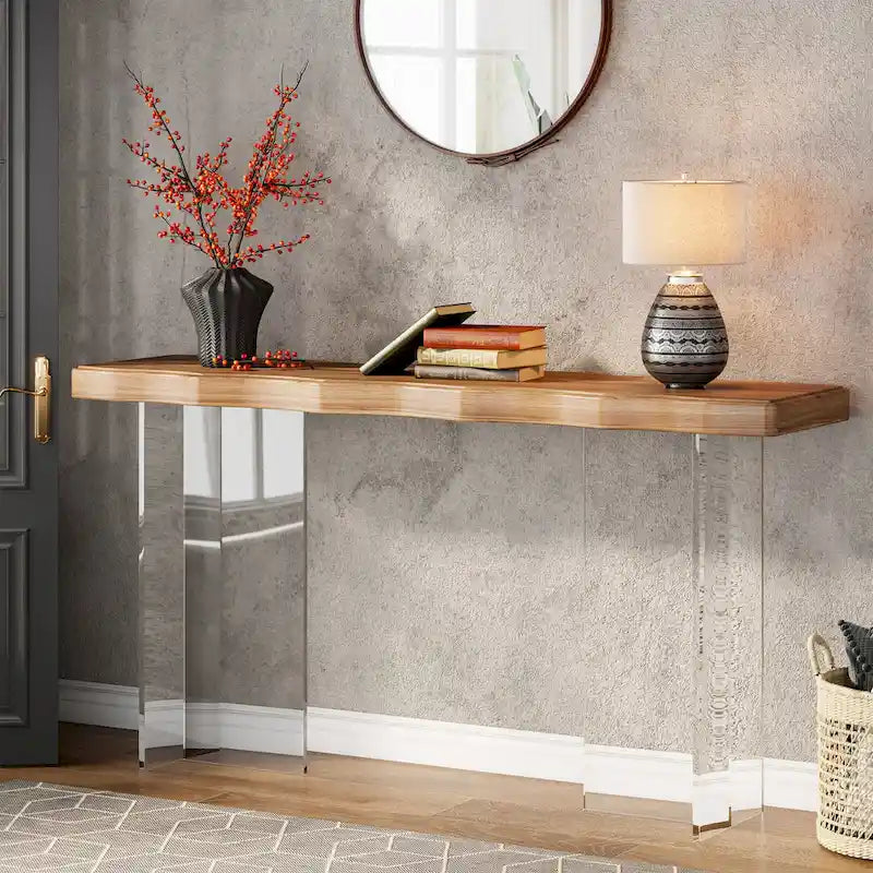 Console Table Basse, Texture Ondulée, Pieds en Acrylique, 120 cm (L) x 81 cm (H), Noyer Clair/Marron Foncé