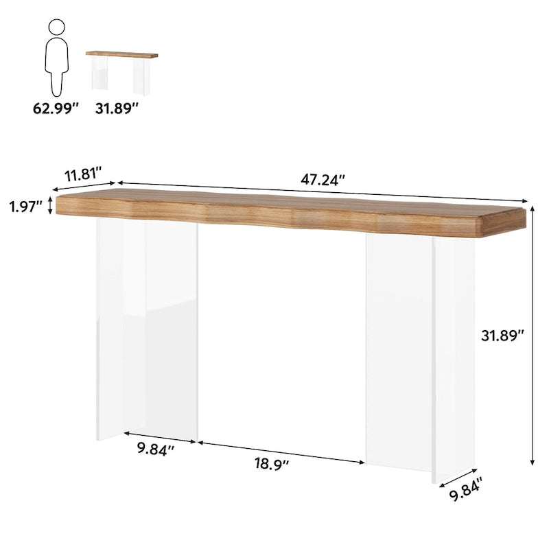 Console Table Basse, Texture Ondulée, Pieds en Acrylique, 120 cm (L) x 81 cm (H), Noyer Clair/Marron Foncé