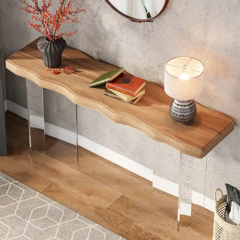 Console Table Basse, Texture Ondulée, Pieds en Acrylique, 120 cm (L) x 81 cm (H), Noyer Clair/Marron Foncé