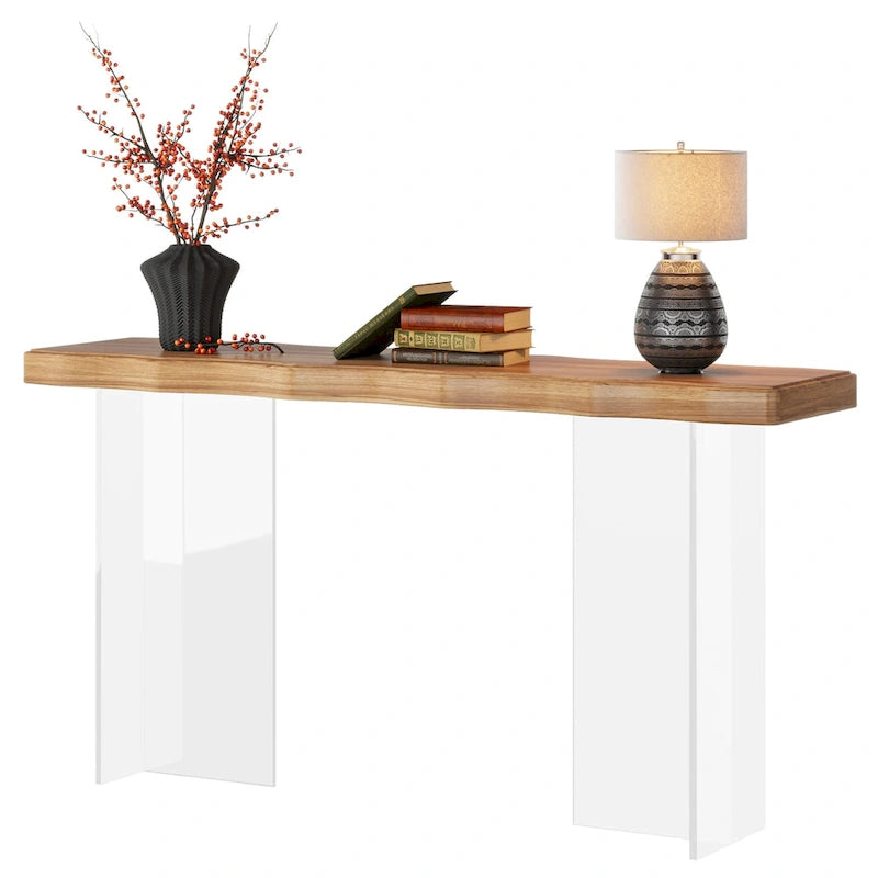 Console Table Basse, Texture Ondulée, Pieds en Acrylique, 120 cm (L) x 81 cm (H), Noyer Clair/Marron Foncé