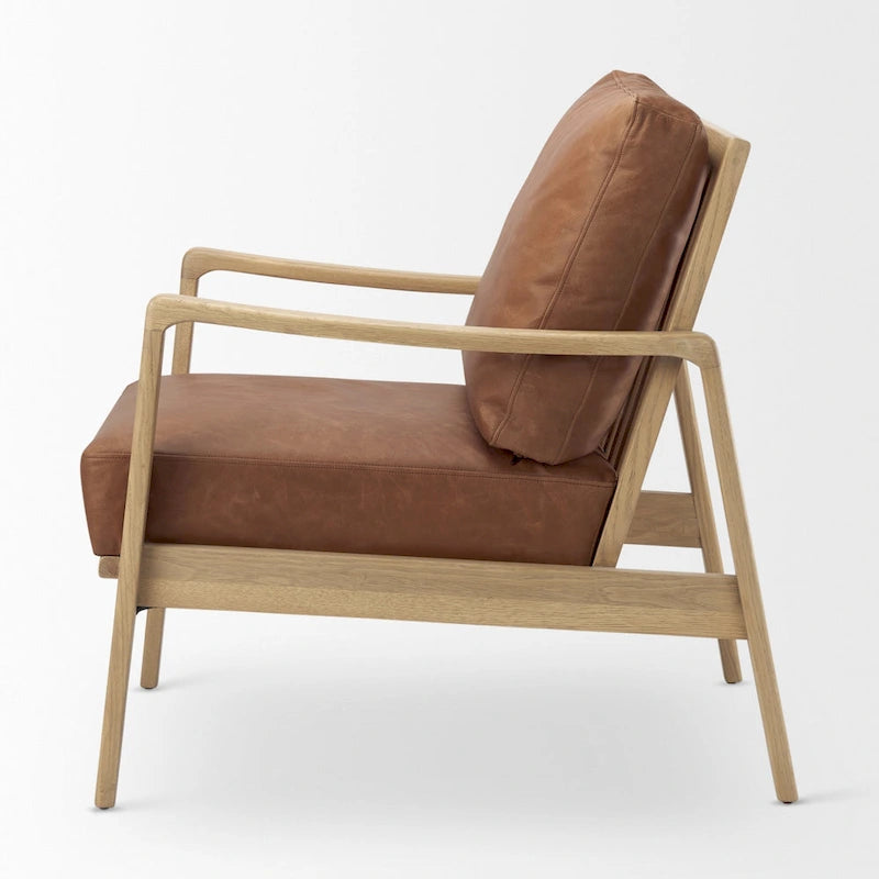 Fauteuil en cuir véritable marron avec cadre en hêtre massif marron clair - 27.9L x 34P x 34.4H