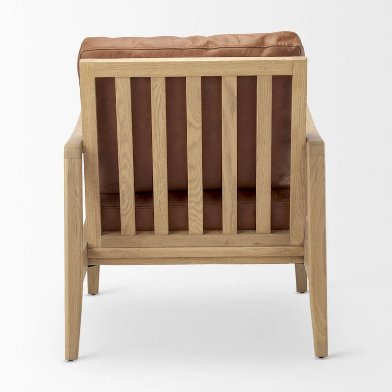 Fauteuil en cuir véritable marron avec cadre en hêtre massif marron clair - 27.9L x 34P x 34.4H
