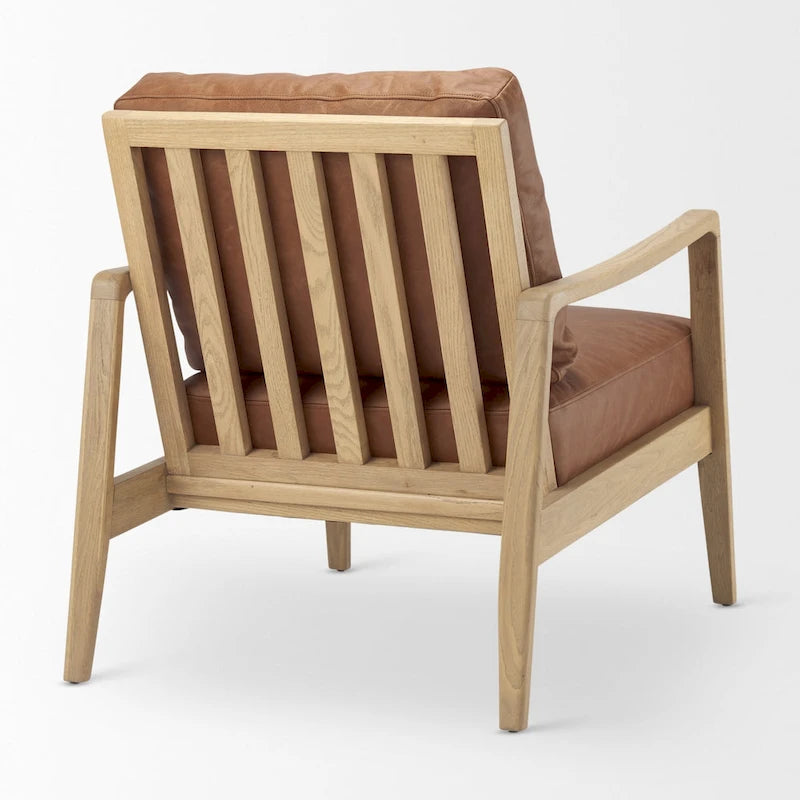 Fauteuil en cuir véritable marron avec cadre en hêtre massif marron clair - 27.9L x 34P x 34.4H