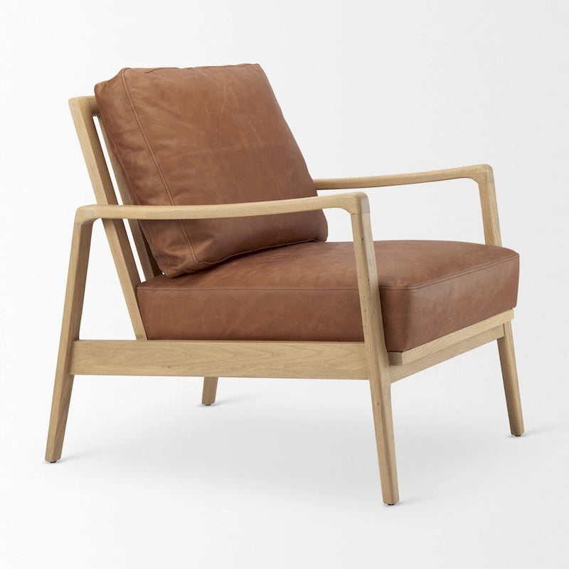 Fauteuil en cuir véritable marron avec cadre en hêtre massif marron clair - 27.9L x 34P x 34.4H