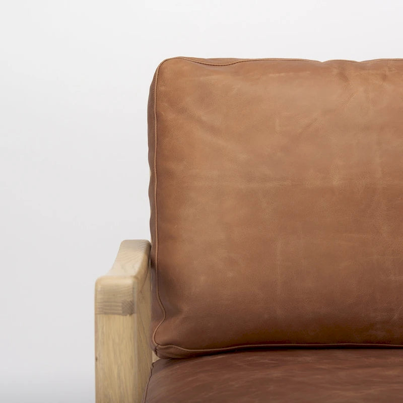 Fauteuil en cuir véritable marron avec cadre en hêtre massif marron clair - 27.9L x 34P x 34.4H