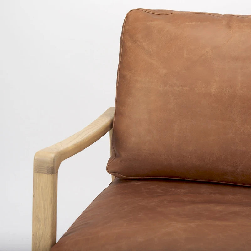 Fauteuil en cuir véritable marron avec cadre en hêtre massif marron clair - 27.9L x 34P x 34.4H