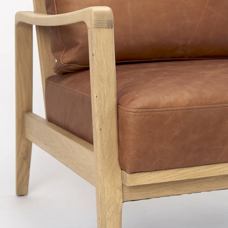 Fauteuil en cuir véritable marron avec cadre en hêtre massif marron clair - 27.9L x 34P x 34.4H