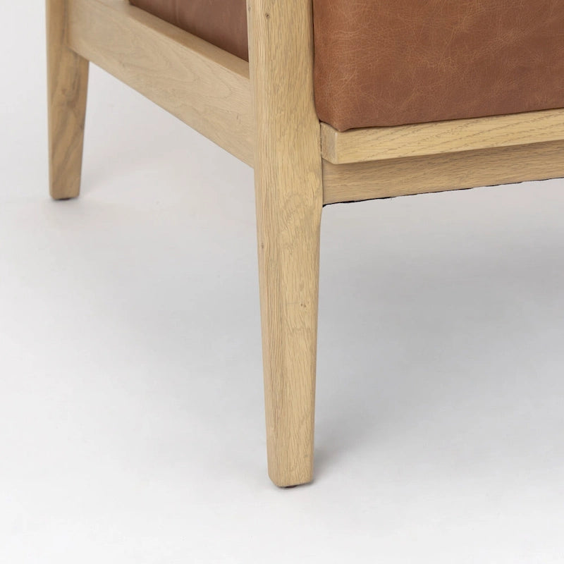 Fauteuil en cuir véritable marron avec cadre en hêtre massif marron clair - 27.9L x 34P x 34.4H