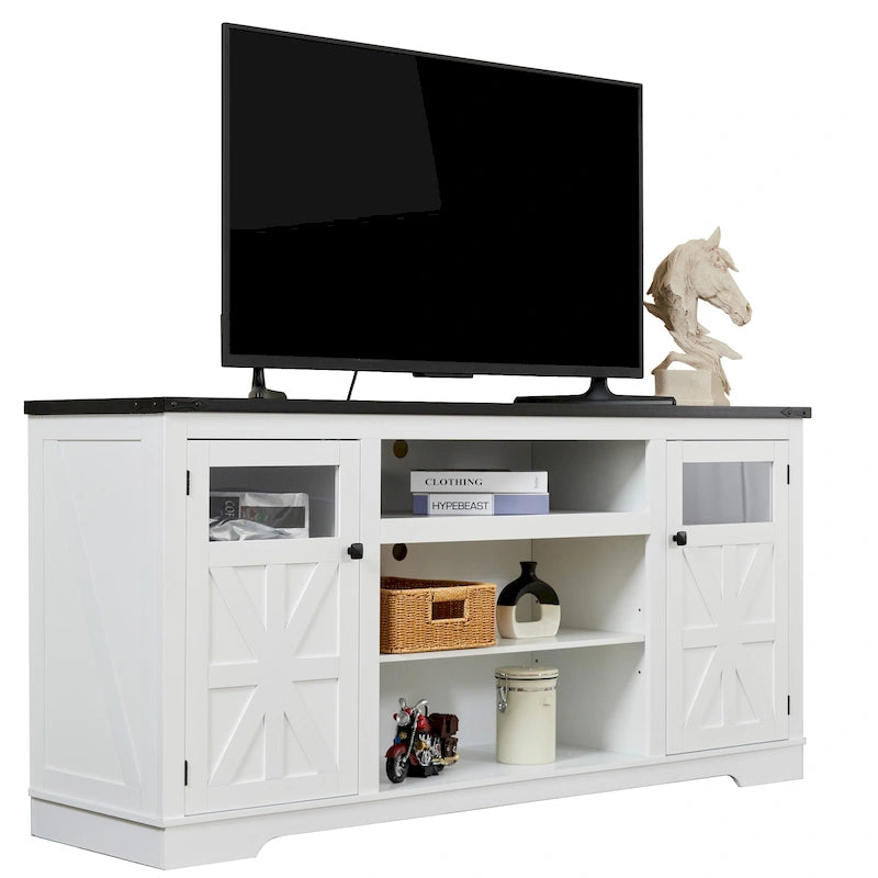 Meuble TV de ferme noir/blanc, convient aux téléviseurs de 75 pouces, 167,6 cm (L) x 40,6 cm (P) x 66 cm (H), 9 compartiments, portes vitrées
