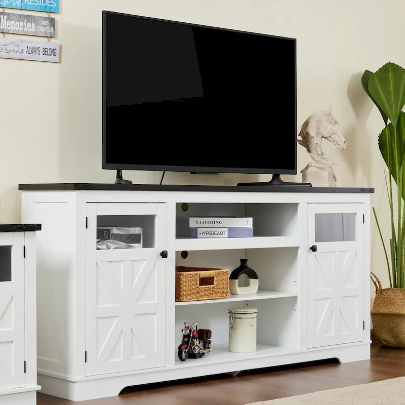 Meuble TV de ferme noir/blanc, convient aux téléviseurs de 75 pouces, 167,6 cm (L) x 40,6 cm (P) x 66 cm (H), 9 compartiments, portes vitrées