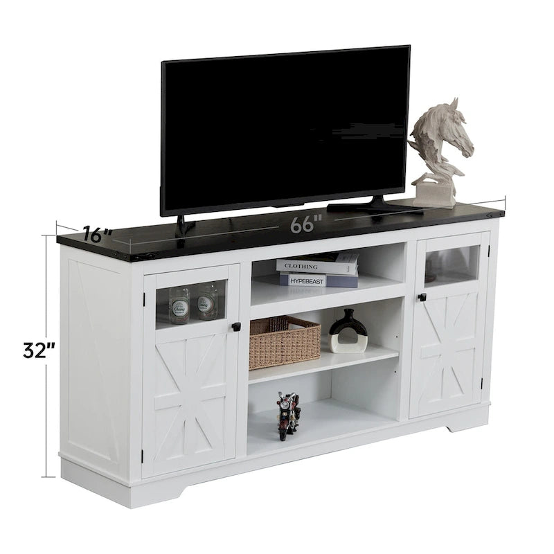 Meuble TV de ferme noir/blanc, convient aux téléviseurs de 75 pouces, 167,6 cm (L) x 40,6 cm (P) x 66 cm (H), 9 compartiments, portes vitrées