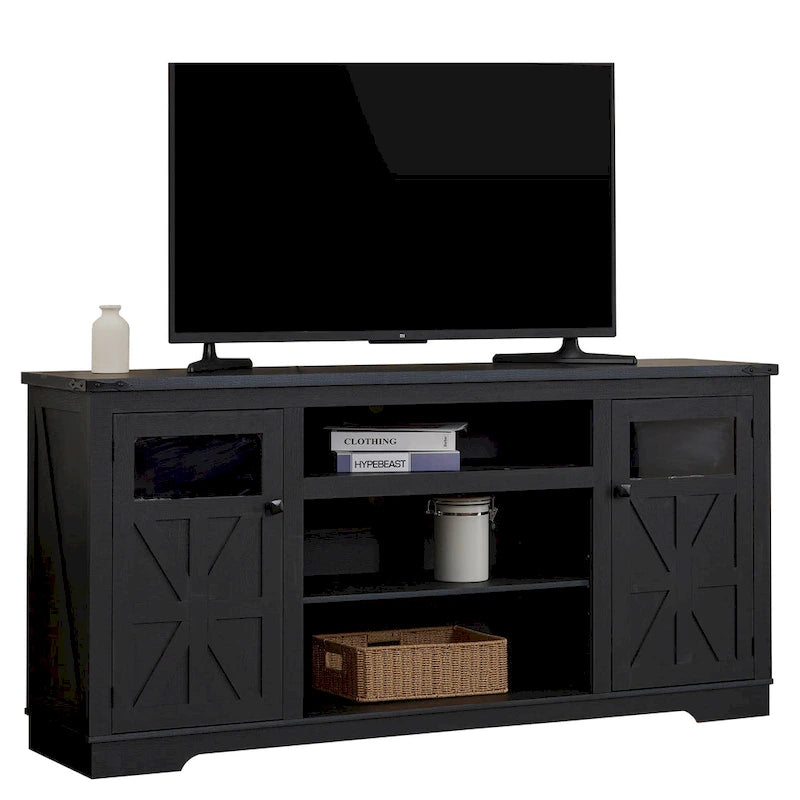 Meuble TV de ferme noir/blanc, convient aux téléviseurs de 75 pouces, 167,6 cm (L) x 40,6 cm (P) x 66 cm (H), 9 compartiments, portes vitrées
