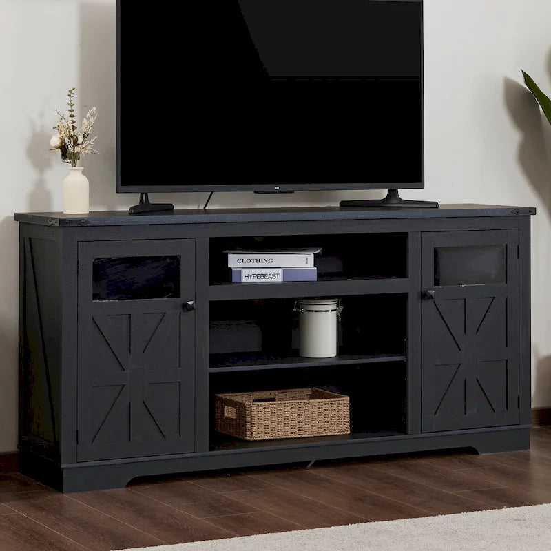 Meuble TV de ferme noir/blanc, convient aux téléviseurs de 75 pouces, 167,6 cm (L) x 40,6 cm (P) x 66 cm (H), 9 compartiments, portes vitrées