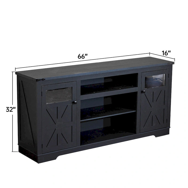 Meuble TV de ferme noir/blanc, convient aux téléviseurs de 75 pouces, 167,6 cm (L) x 40,6 cm (P) x 66 cm (H), 9 compartiments, portes vitrées