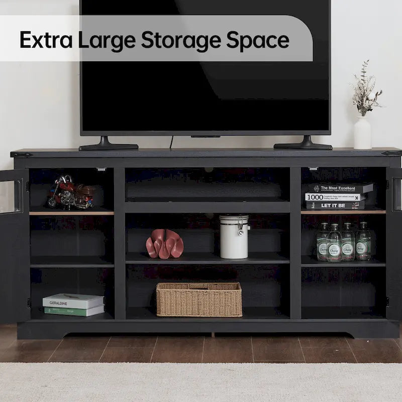 Meuble TV de ferme noir/blanc, convient aux téléviseurs de 75 pouces, 167,6 cm (L) x 40,6 cm (P) x 66 cm (H), 9 compartiments, portes vitrées