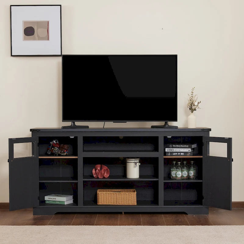 Meuble TV de ferme noir/blanc, convient aux téléviseurs de 75 pouces, 167,6 cm (L) x 40,6 cm (P) x 66 cm (H), 9 compartiments, portes vitrées
