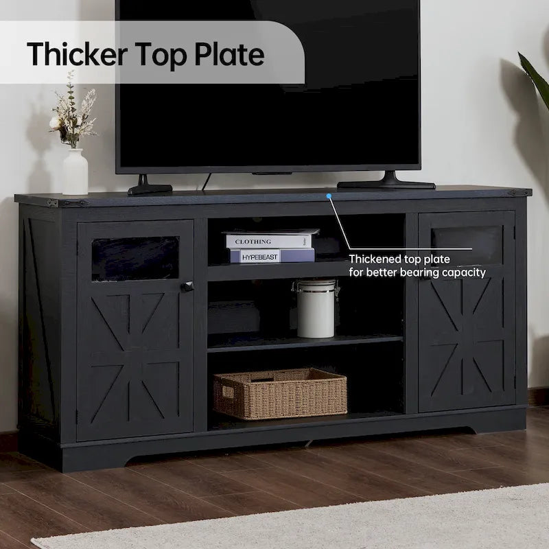 Meuble TV de ferme noir/blanc, convient aux téléviseurs de 75 pouces, 167,6 cm (L) x 40,6 cm (P) x 66 cm (H), 9 compartiments, portes vitrées