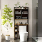 Meuble de rangement WC, Marron foncé, MDF et treillis métallique, Étagère réglable, Porte-papier toilette