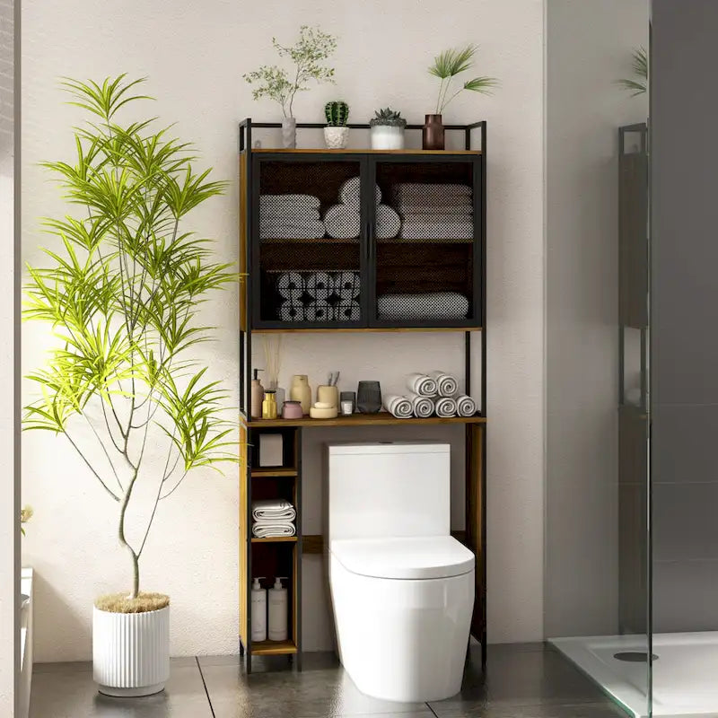 Meuble de rangement WC, Marron foncé, MDF et treillis métallique, Étagère réglable, Porte-papier toilette