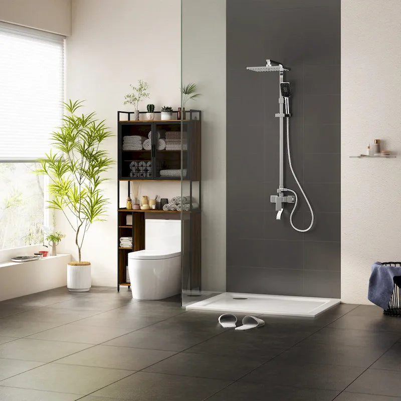 Meuble de rangement WC, Marron foncé, MDF et treillis métallique, Étagère réglable, Porte-papier toilette