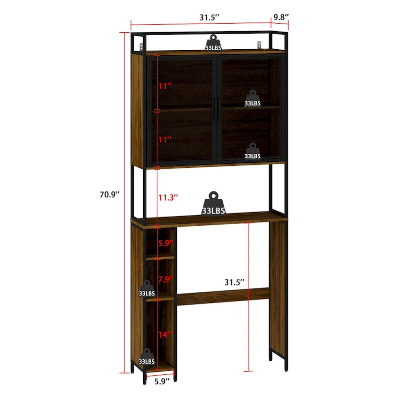 Meuble de rangement WC, Marron foncé, MDF et treillis métallique, Étagère réglable, Porte-papier toilette