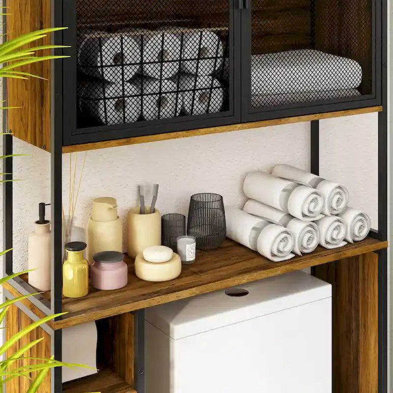 Meuble de rangement WC, Marron foncé, MDF et treillis métallique, Étagère réglable, Porte-papier toilette
