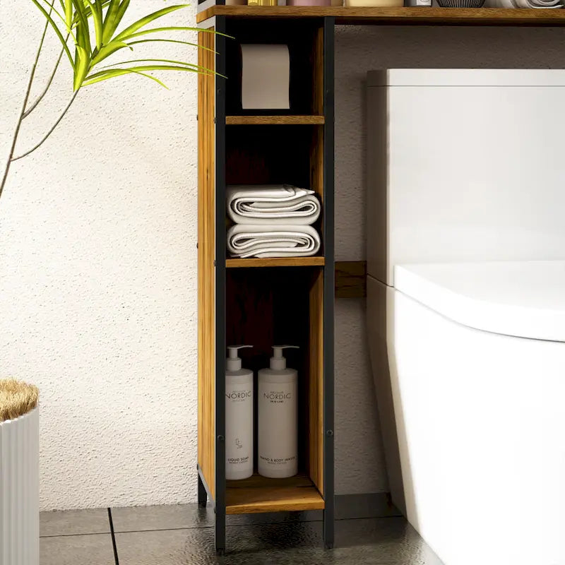 Meuble de rangement WC, Marron foncé, MDF et treillis métallique, Étagère réglable, Porte-papier toilette