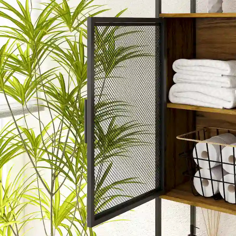 Meuble de rangement WC, Marron foncé, MDF et treillis métallique, Étagère réglable, Porte-papier toilette