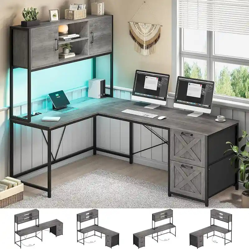 Bureau d'angle en L avec tiroirs, étagères de rangement, pour le gaming ou l'ordinateur