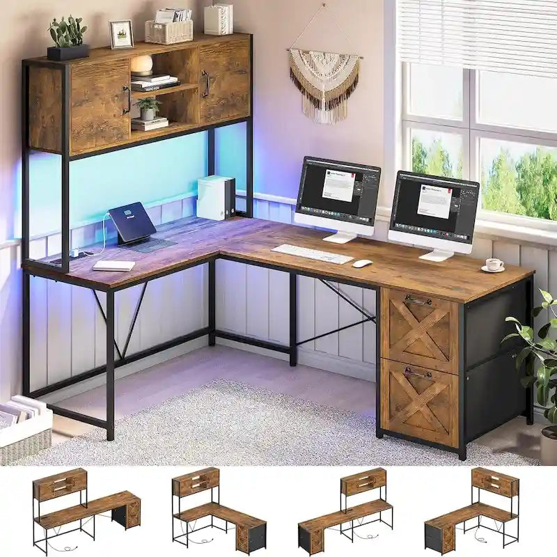 Bureau d'angle en L avec tiroirs, étagères de rangement, pour le gaming ou l'ordinateur