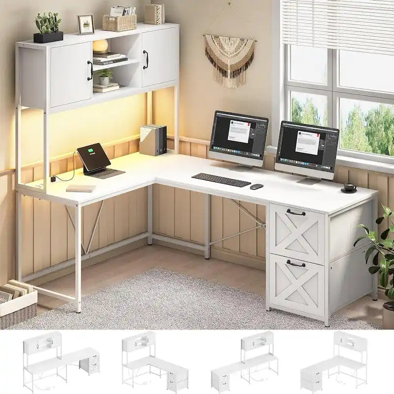 Bureau d'angle en L avec tiroirs, étagères de rangement, pour le gaming ou l'ordinateur