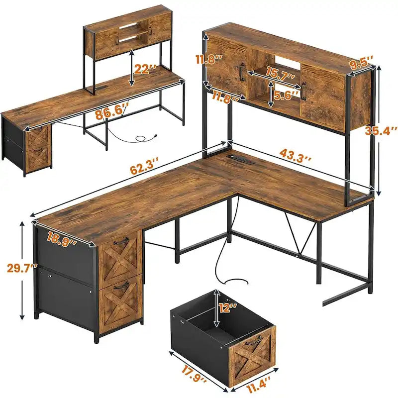 Bureau d'angle en L avec tiroirs, étagères de rangement, pour le gaming ou l'ordinateur