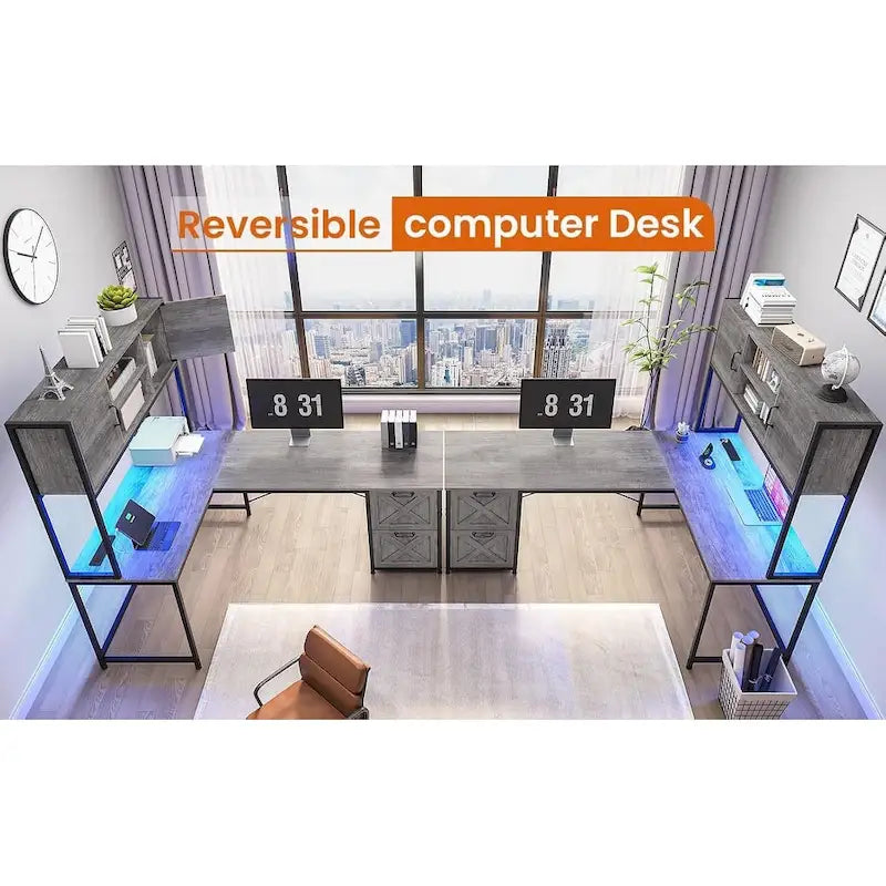 Bureau d'angle en L avec tiroirs, étagères de rangement, pour le gaming ou l'ordinateur