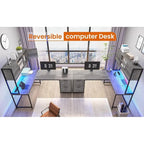Bureau d'angle en L avec tiroirs, étagères de rangement, pour le gaming ou l'ordinateur
