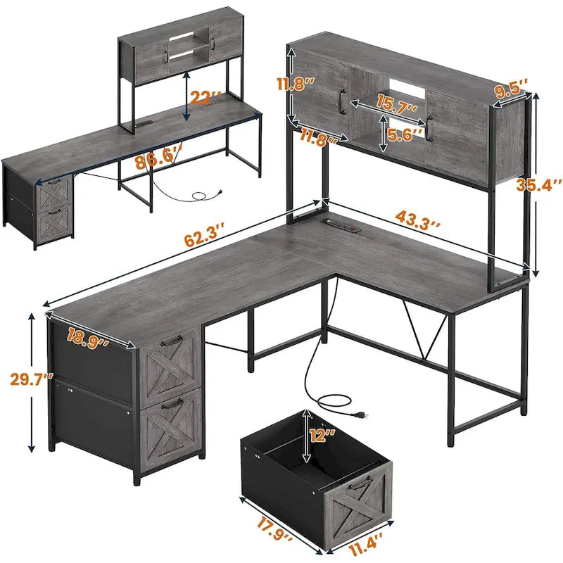 Bureau d'angle en L avec tiroirs, étagères de rangement, pour le gaming ou l'ordinateur