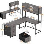 Bureau d'angle en L avec tiroirs, étagères de rangement, pour le gaming ou l'ordinateur