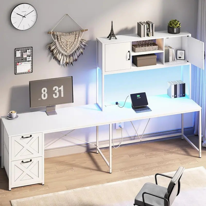 Bureau d'angle en L avec tiroirs, étagères de rangement, pour le gaming ou l'ordinateur